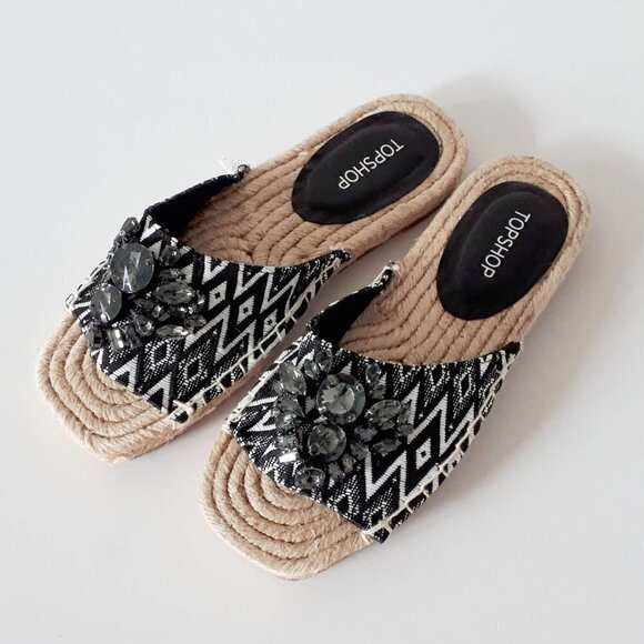 NWT Topshop black & white textile smoked crystal bejewelled flat slide sandals - Picture 6 of 12